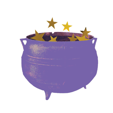 Purple cauldron with golden stars collage
