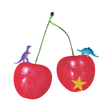 Mini dinosaurs on cherries collage
